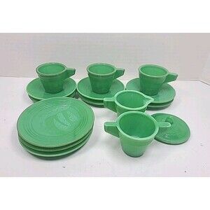 Vintage Akro Agate Child Toy Tea Set Green Jadite Glass 15 Pieces